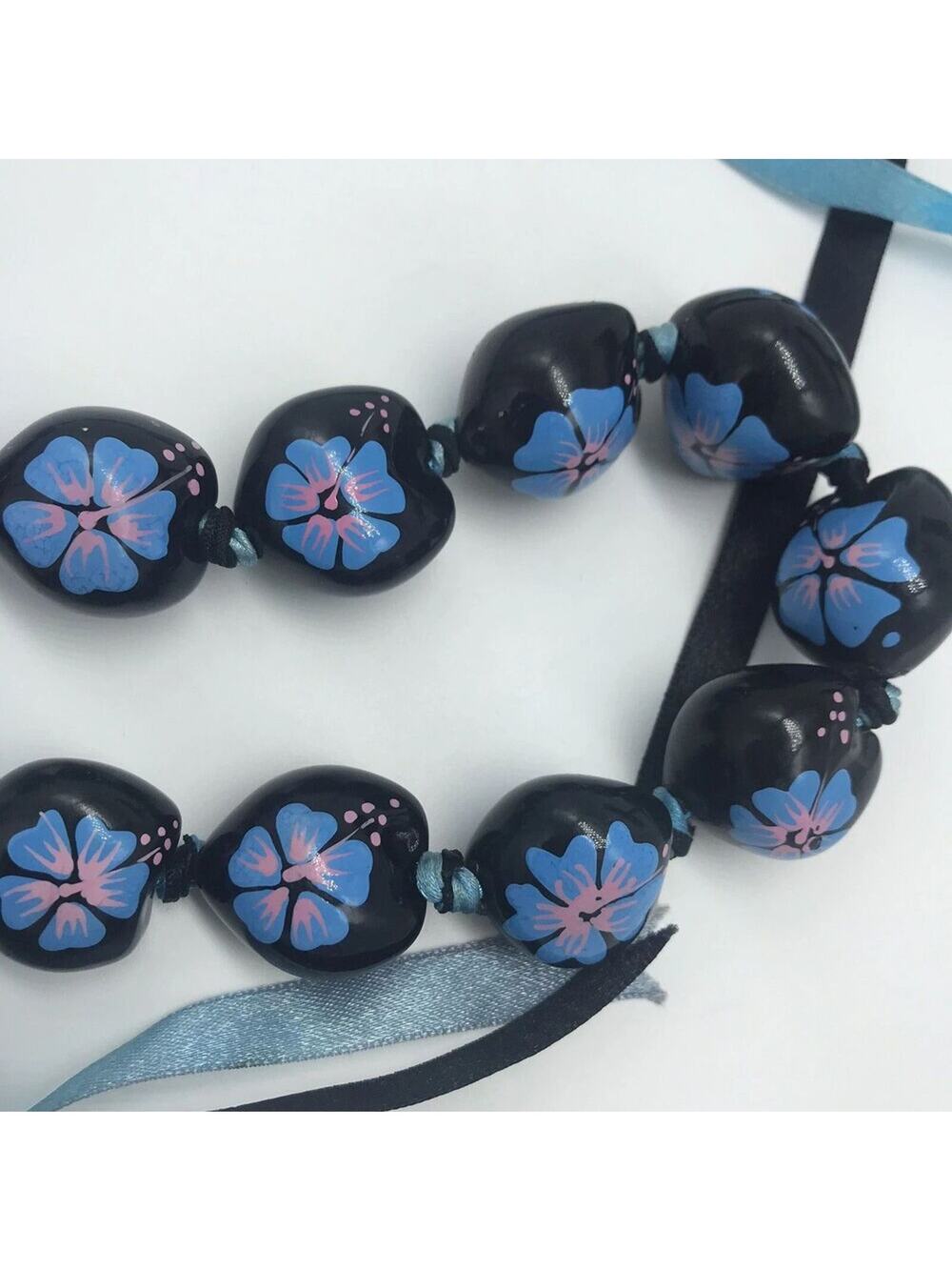 Hawaiian Kukiu Nut Lei Black Teal Blue & Pink Hibiscus Ribbon Tie Necklace